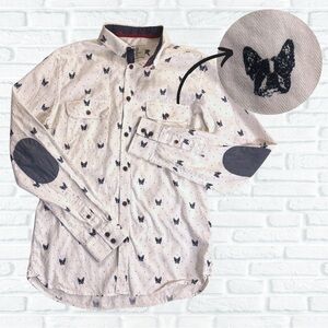 Men’s White Navy Button Down Long Sleeve Shirt French Bulldog Theme. Medium.